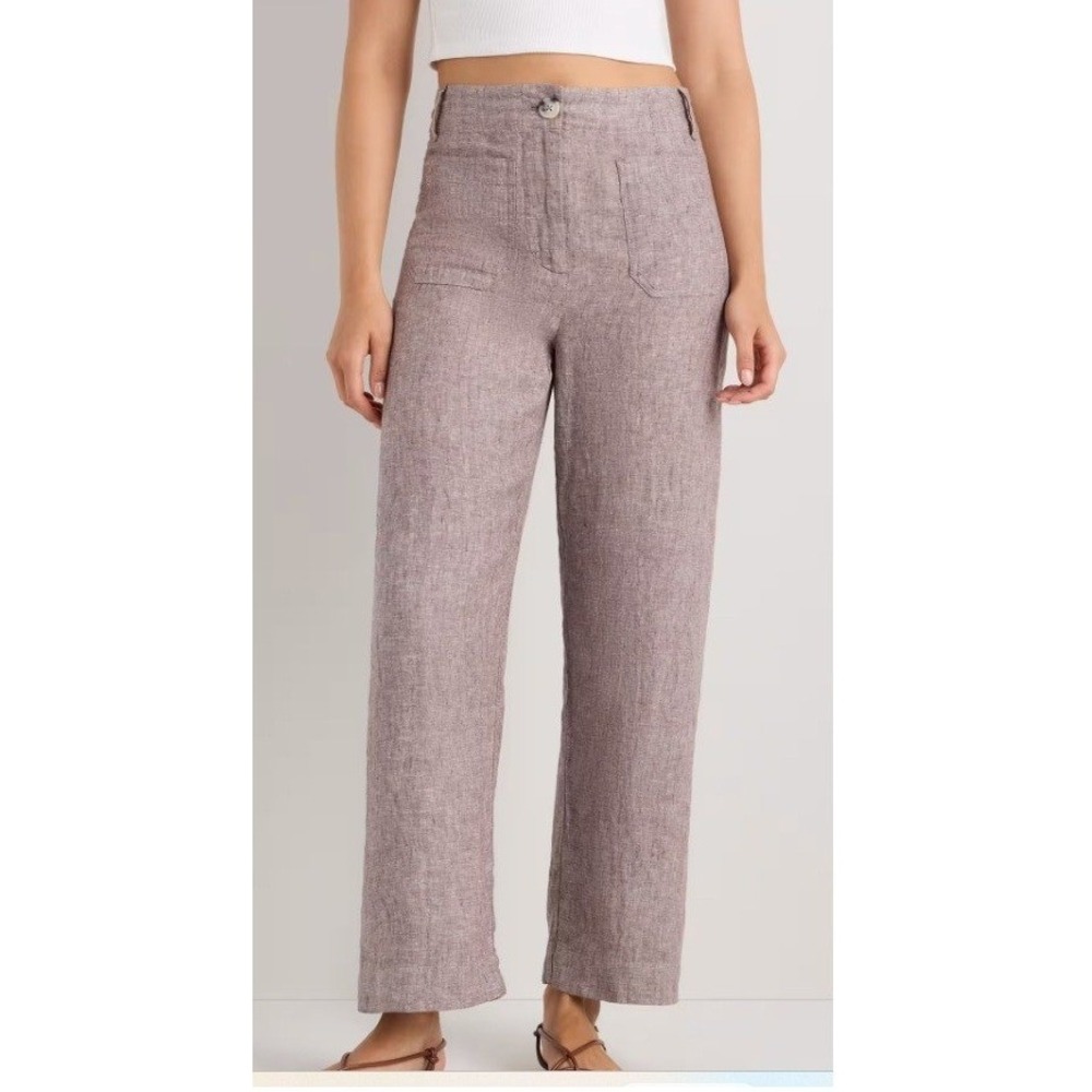 Quince 100% European Linen Wide Leg Pants 14 Taupe Brown Chambray High Rise